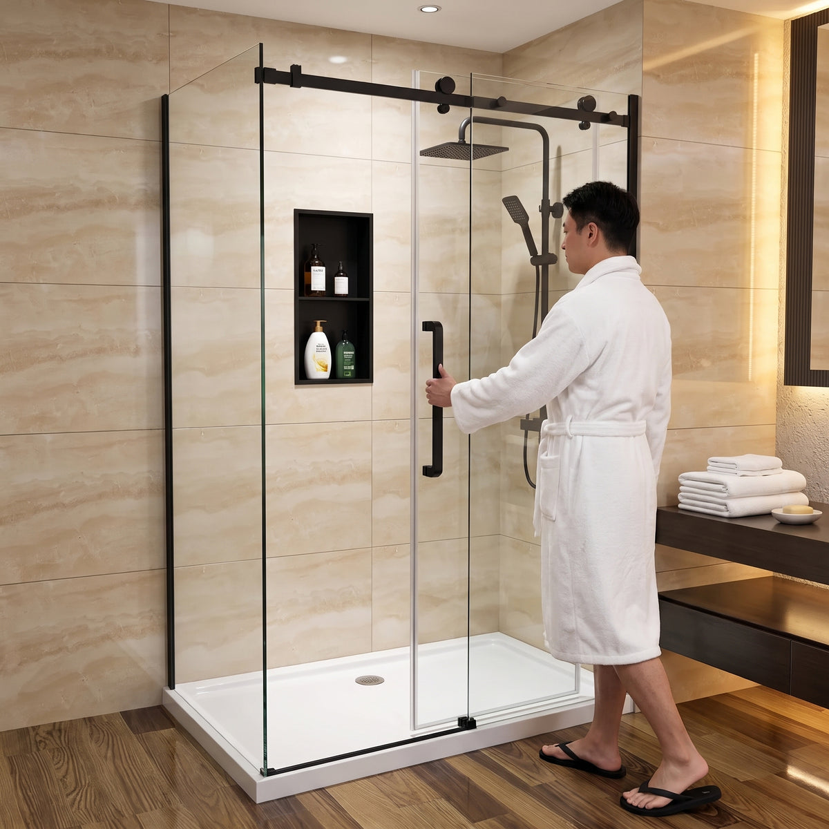 48" x 32" x 75" Reversible Corner Sliding Shower Door in Matte Black with Square Hardware and 10mm Tempered Glass