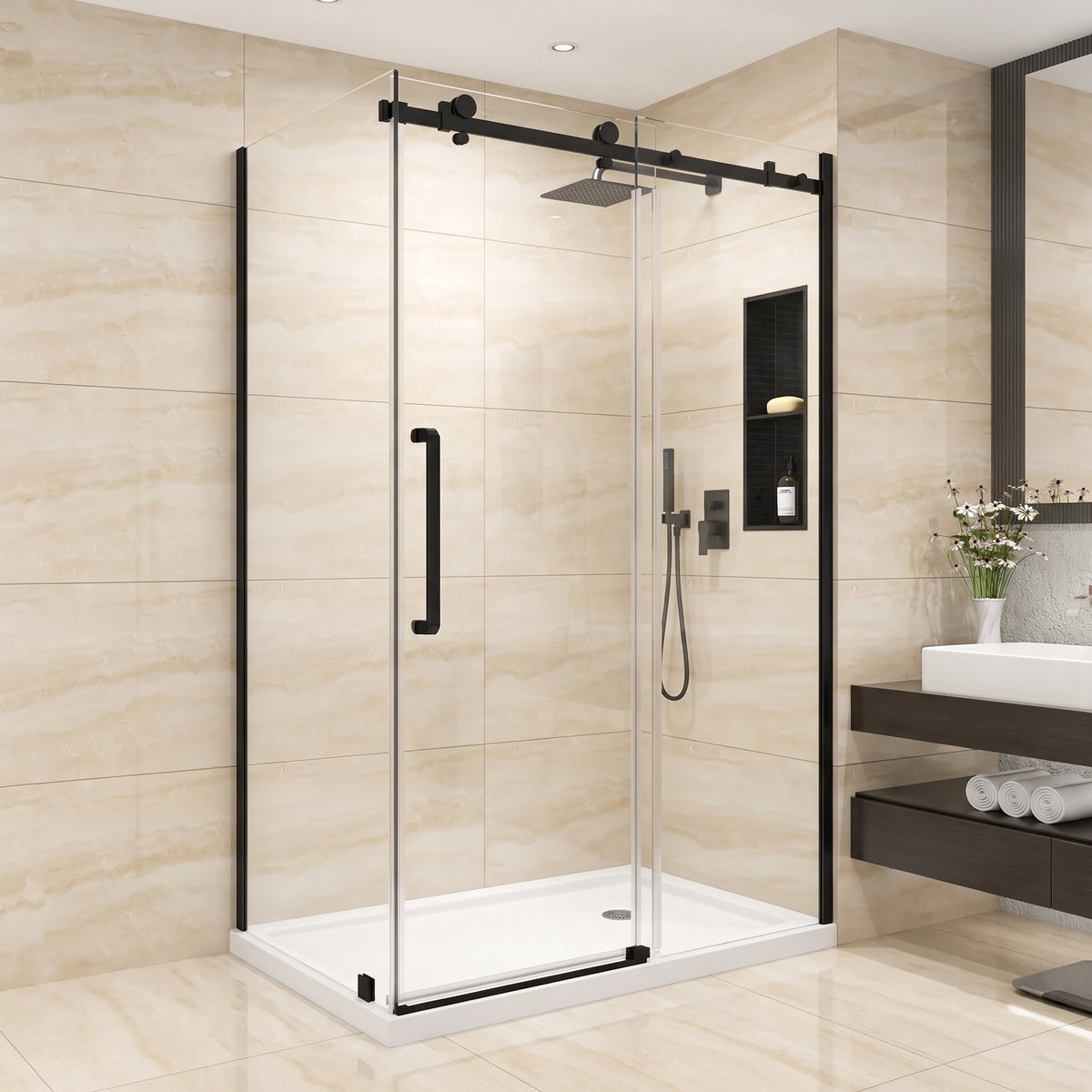48" x 32" x 75" Reversible Corner Sliding Shower Door in Matte Black with Square Hardware and 10mm Tempered Glass