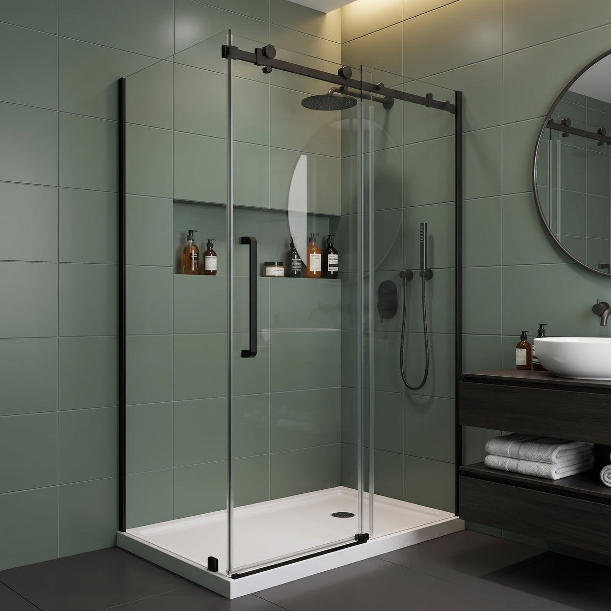 48" x 32" x 75" Reversible Corner Sliding Shower Door in Matte Black with Square Hardware and 10mm Tempered Glass