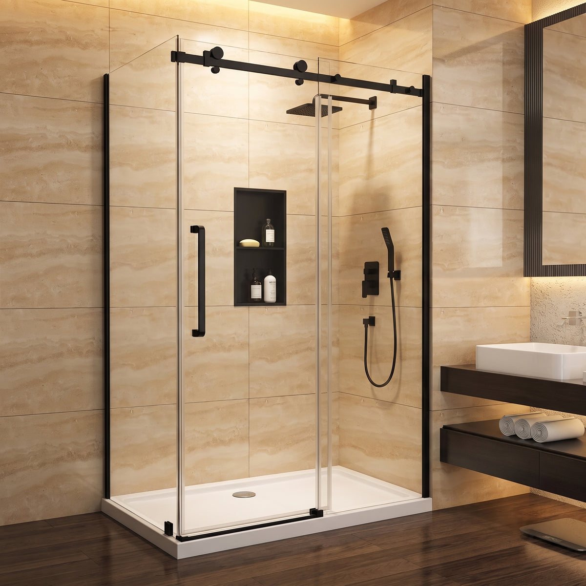Porte de douche coulissante en coin réversible 48po x 32po x 75po en noir mat avec quincaillerie carrée et verre trempé 10mm