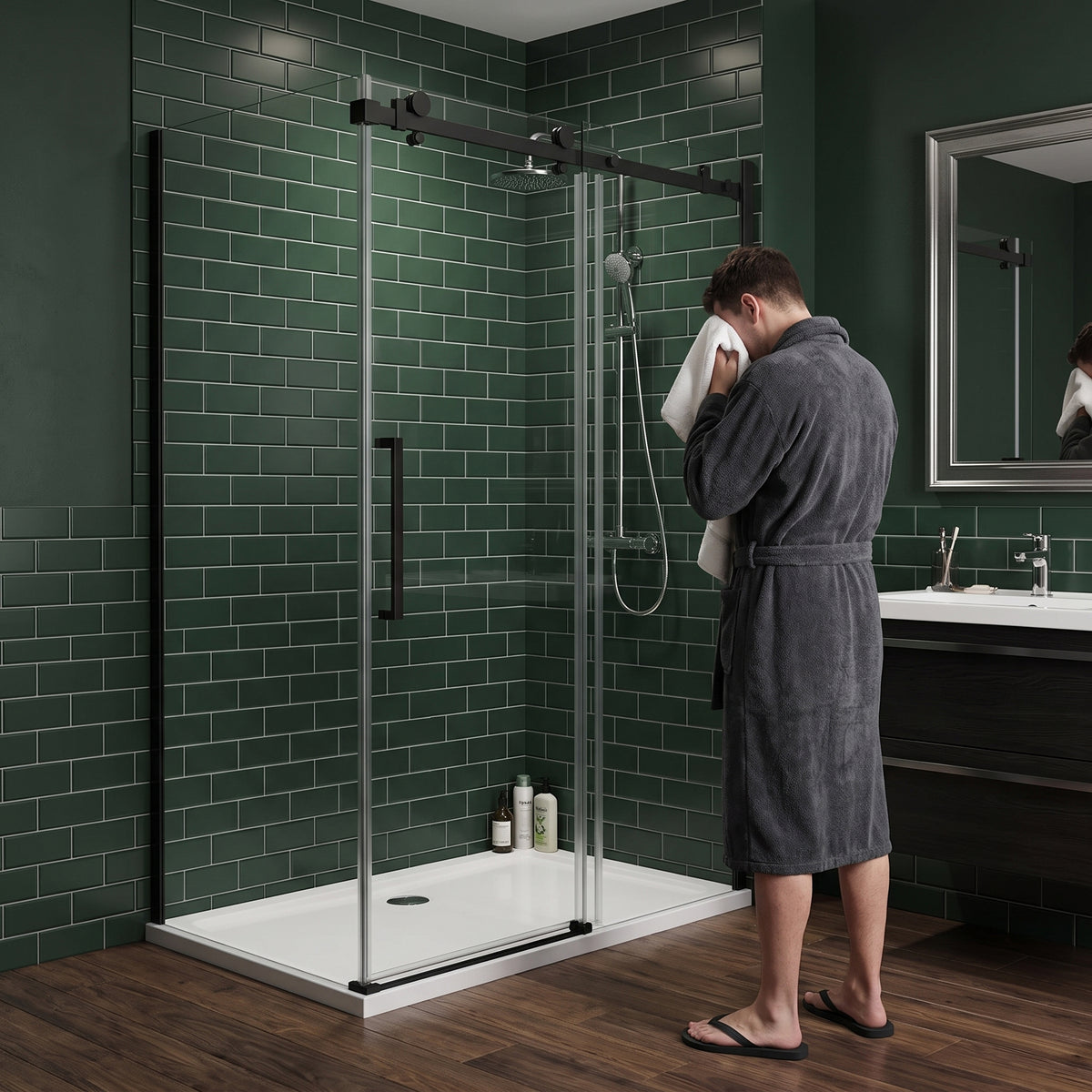 48" x 32" x 75" Reversible Corner Sliding Shower Door in Matte Black with Square Hardware and 10mm Tempered Glass