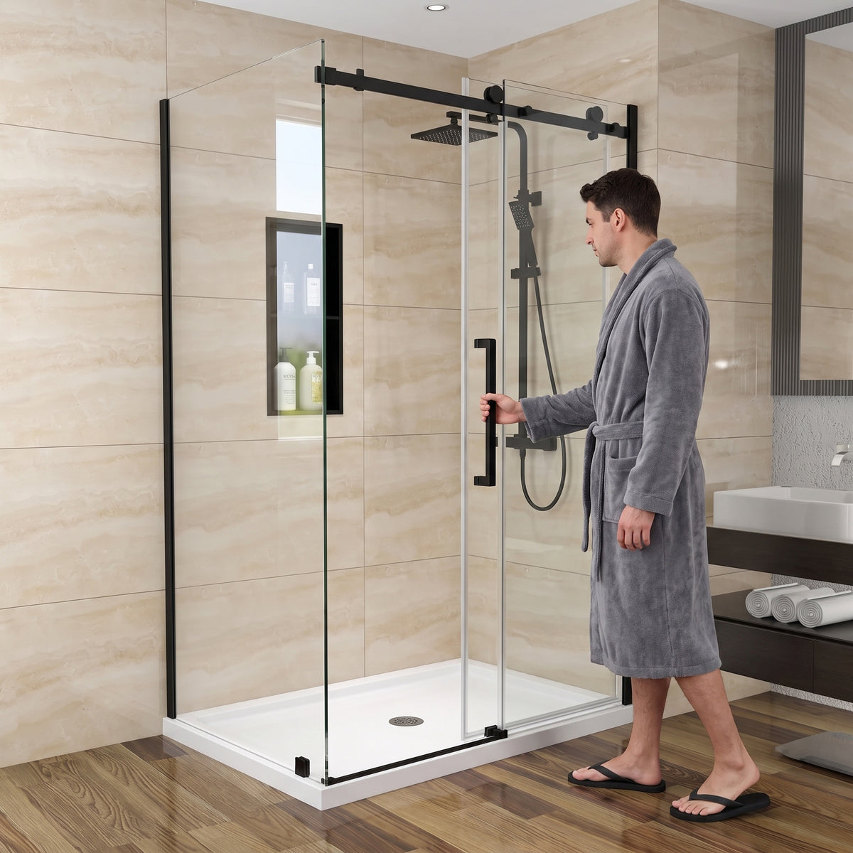 48" x 32" x 75" Reversible Corner Sliding Shower Door in Matte Black with Square Hardware and 10mm Tempered Glass