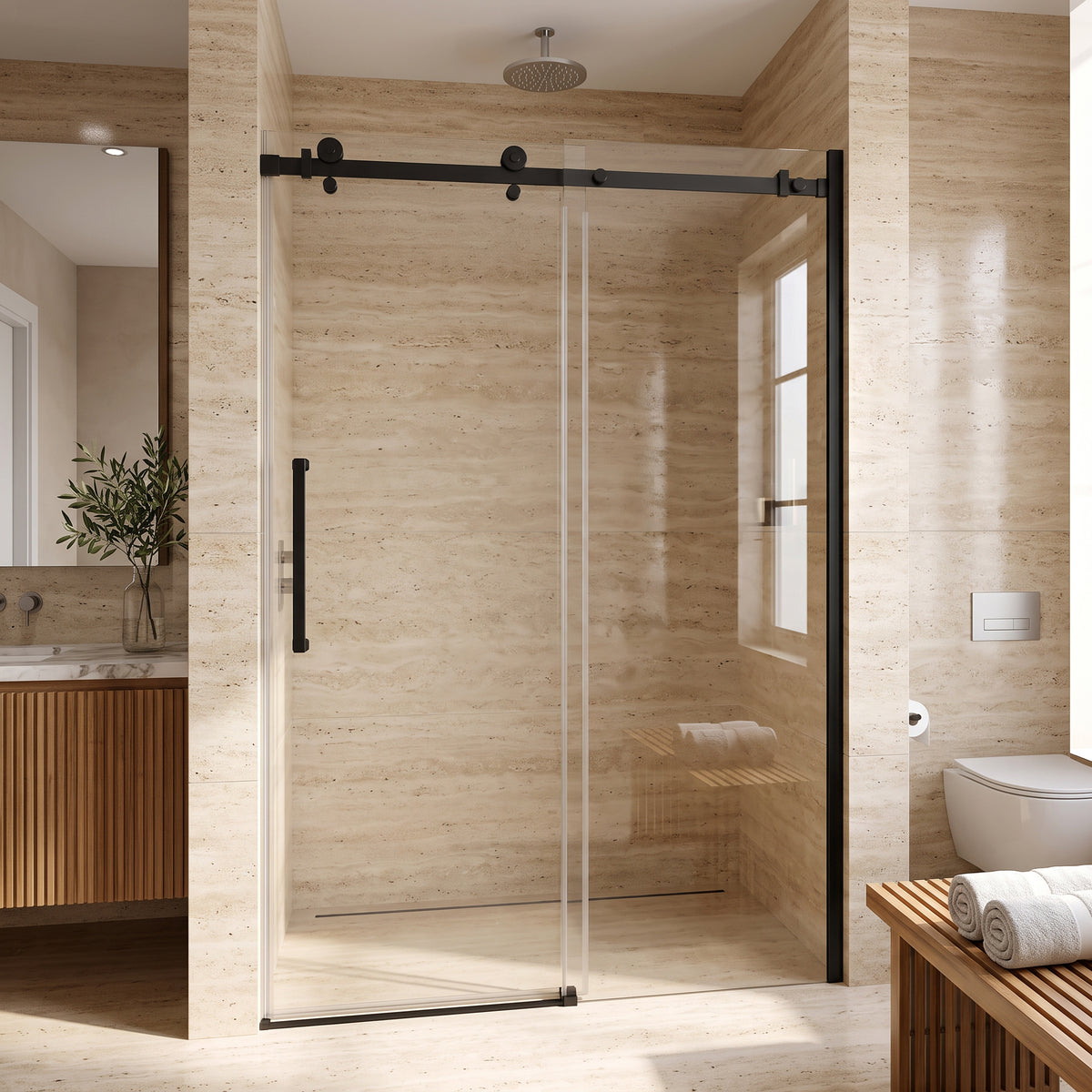 Porte de douche coulissante réversible alcôve 48po x 75po avec quincaillerie carrée noire