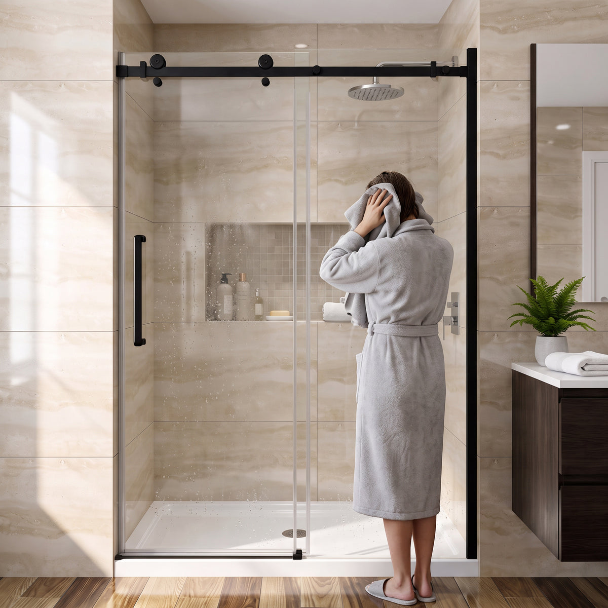 Porte de douche coulissante réversible alcôve 48po x 75po avec quincaillerie carrée noire