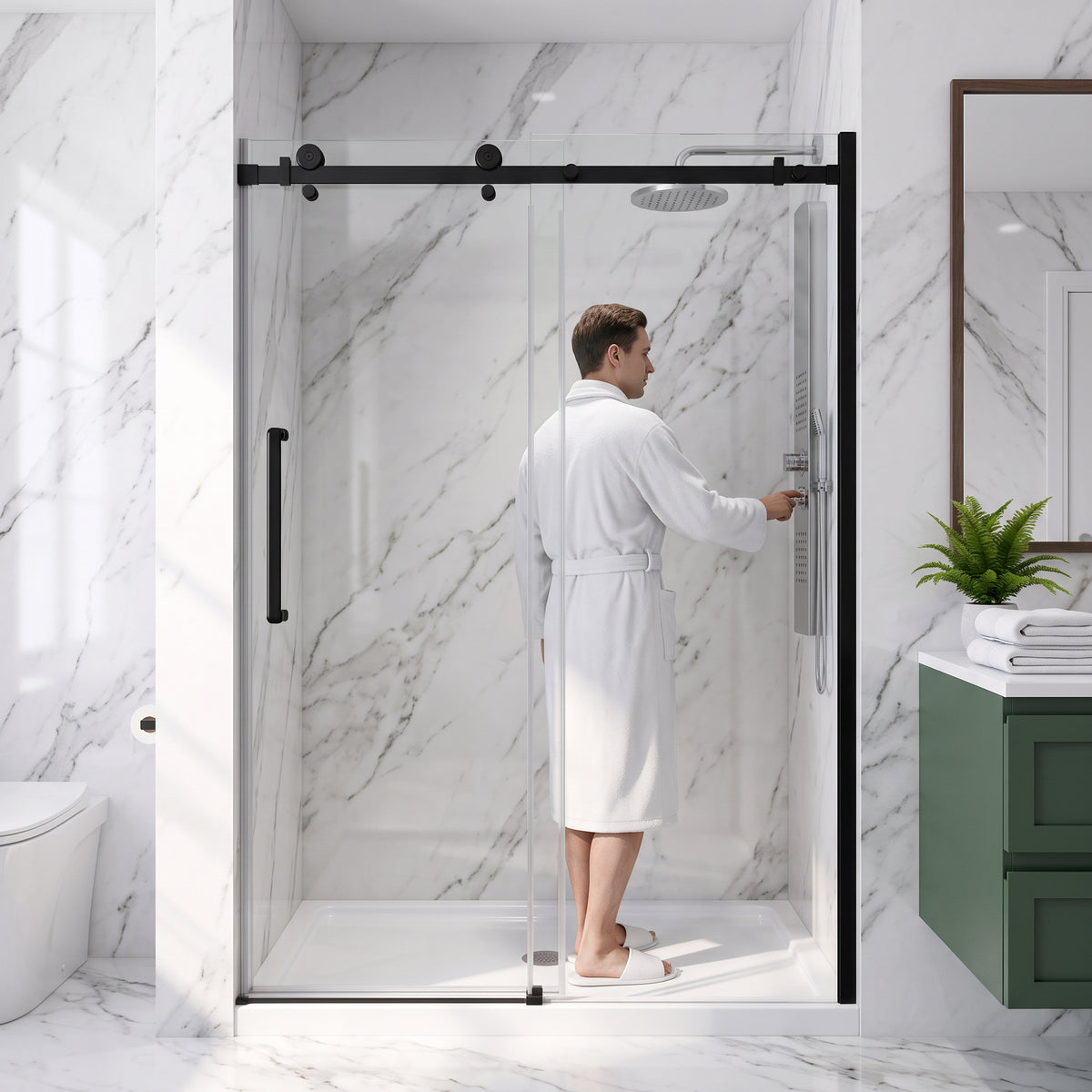 Porte de douche coulissante réversible alcôve 48po x 75po avec quincaillerie carrée noire