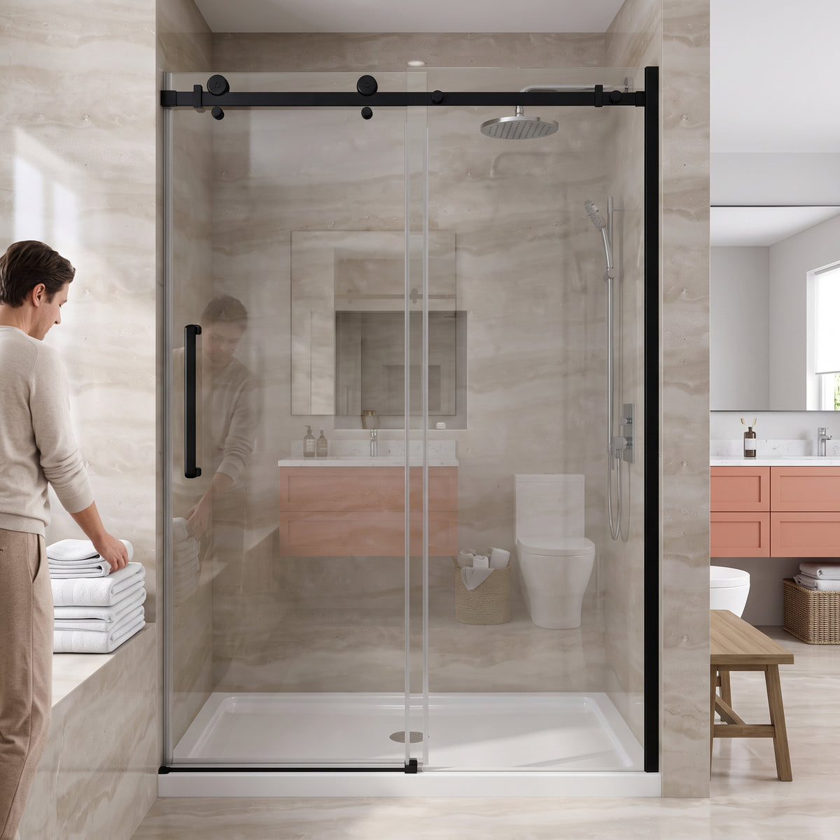 Porte de douche coulissante réversible alcôve 48po x 75po avec quincaillerie carrée noire