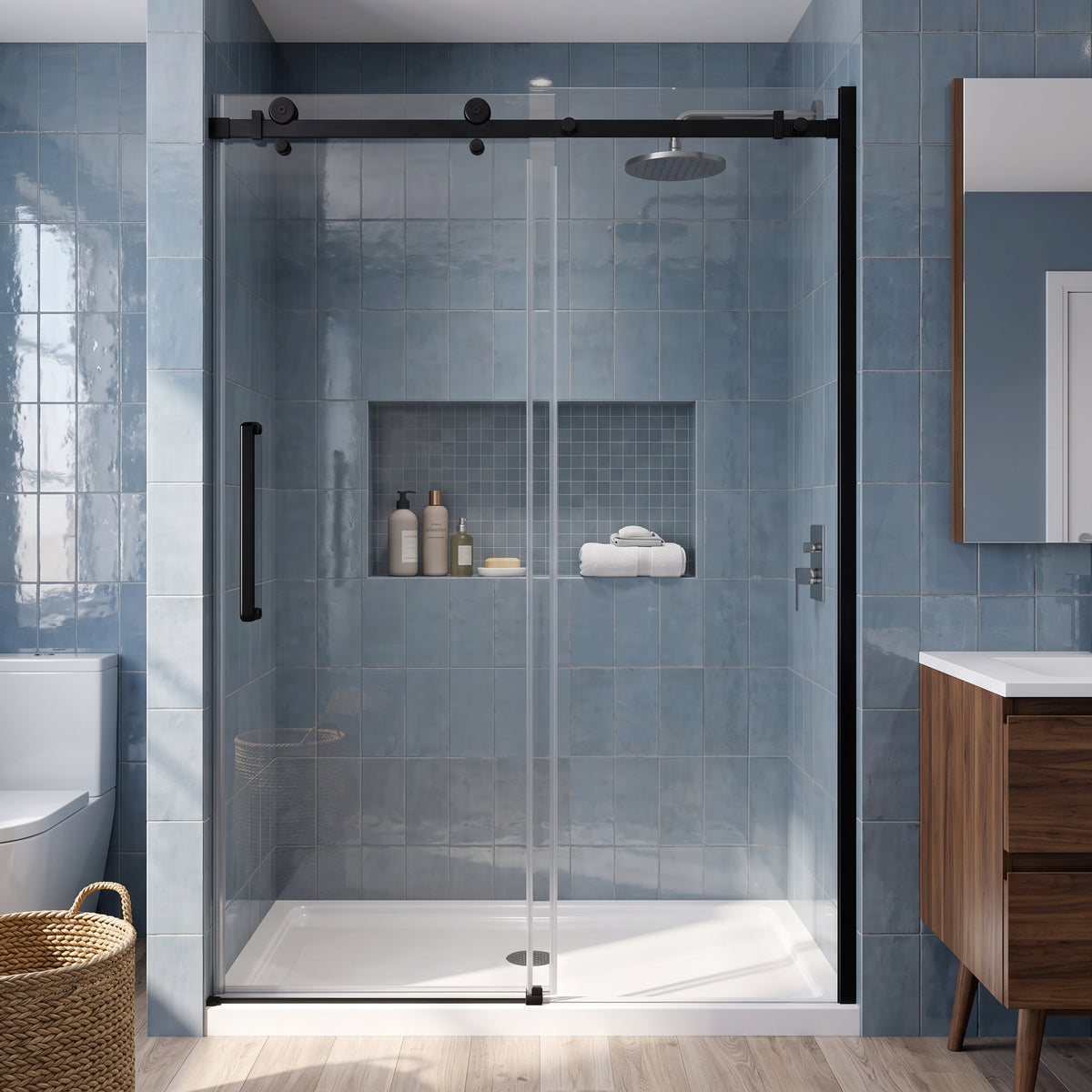 Porte de douche coulissante réversible alcôve 48po x 75po avec quincaillerie carrée noire