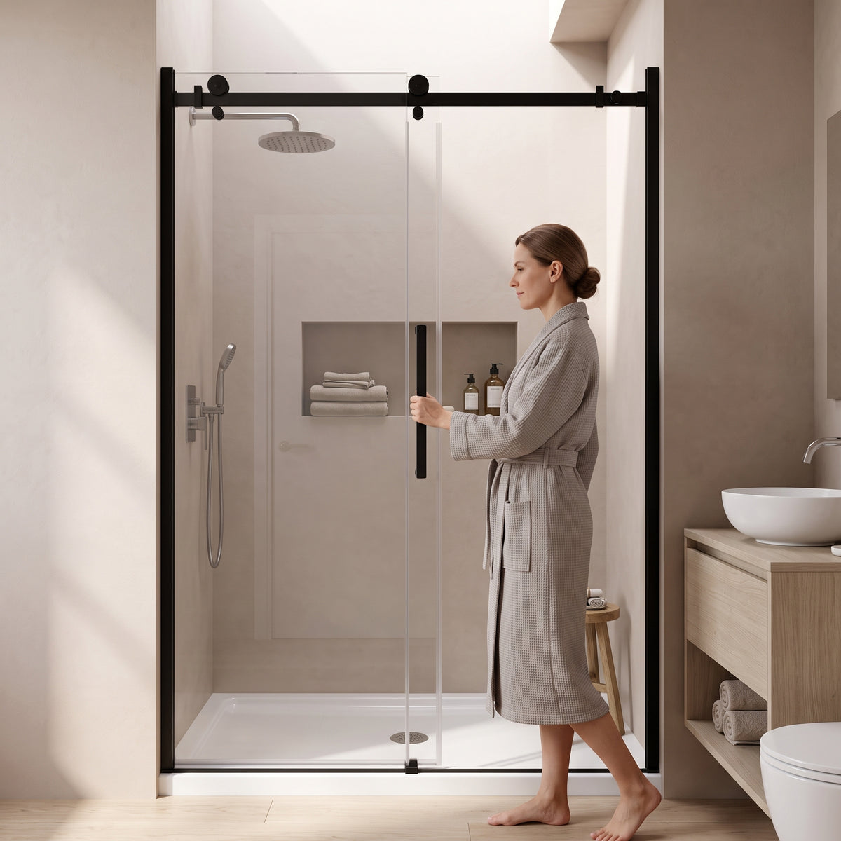 Porte de douche coulissante réversible alcôve 48po x 75po avec quincaillerie carrée noire