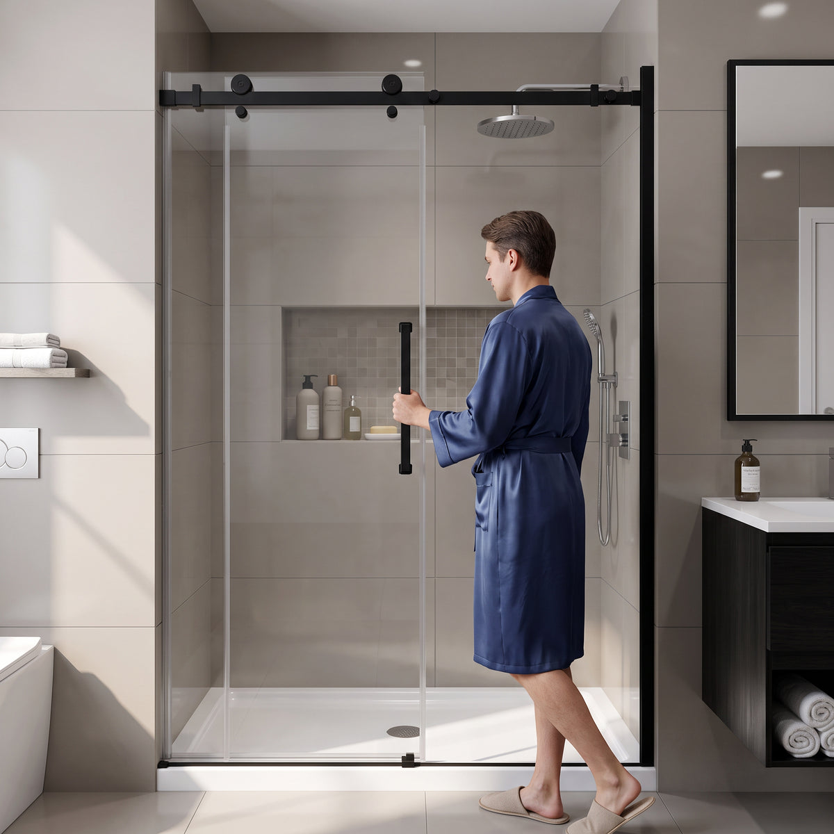 Porte de douche coulissante réversible alcôve 48po x 75po avec quincaillerie carrée noire