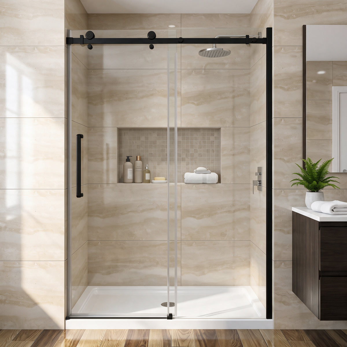 Porte de douche coulissante réversible alcôve 48po x 75po avec quincaillerie carrée noire