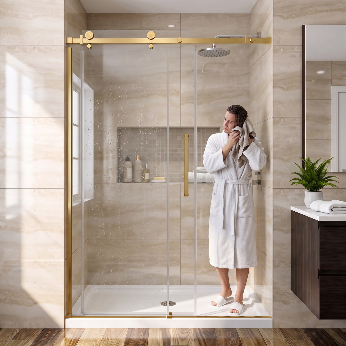 Porte de douche coulissante réversible alcôve 48po x 75po en or brossé avec quincaillerie carrée