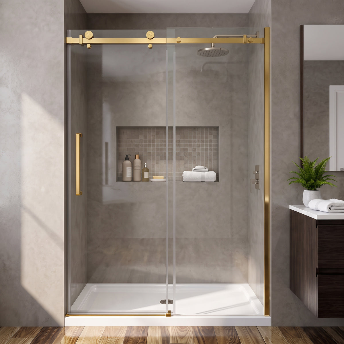 Porte de douche coulissante réversible alcôve 48po x 75po en or brossé avec quincaillerie carrée