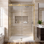Porte de douche coulissante réversible alcôve 48po x 75po en or brossé avec quincaillerie carrée