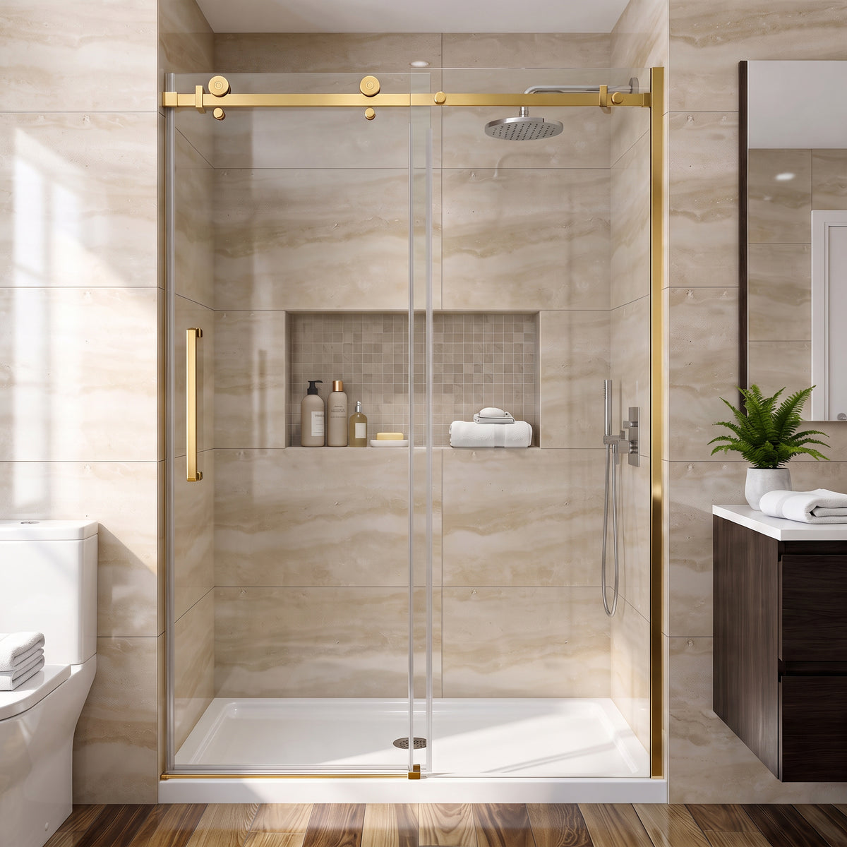 Porte de douche coulissante réversible alcôve 48po x 75po en or brossé avec quincaillerie carrée