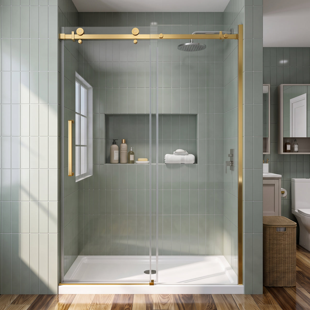 Porte de douche coulissante réversible alcôve 48po x 75po en or brossé avec quincaillerie carrée