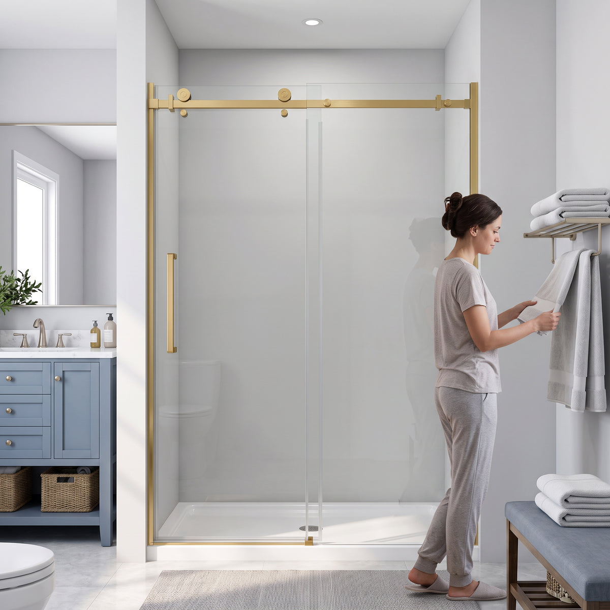 Porte de douche coulissante réversible alcôve 48po x 75po en or brossé avec quincaillerie carrée