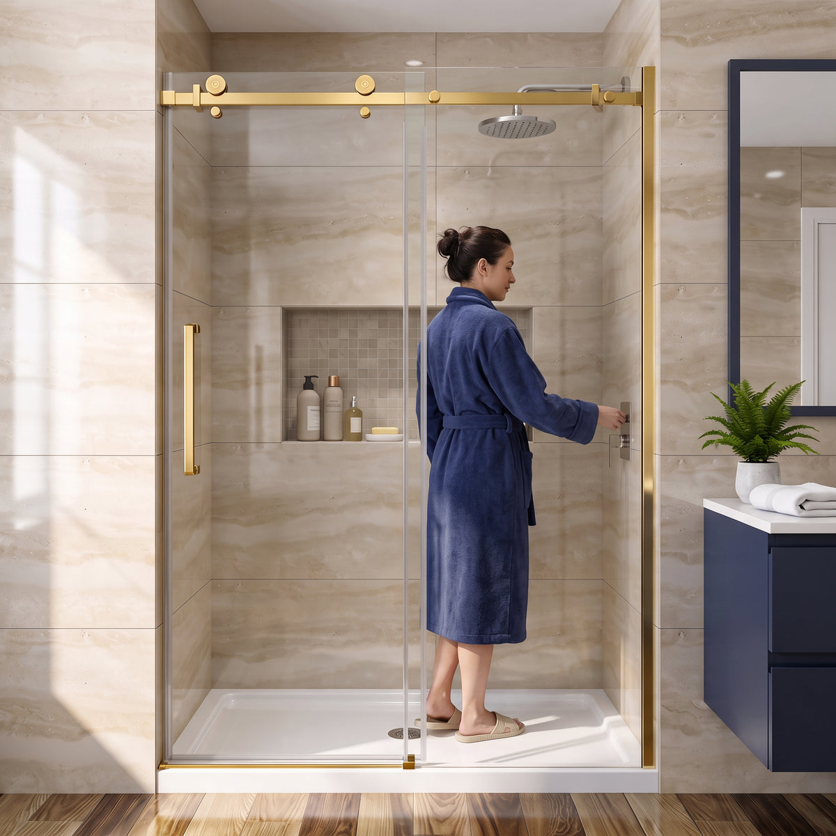 Porte de douche coulissante réversible alcôve 48po x 75po en or brossé avec quincaillerie carrée
