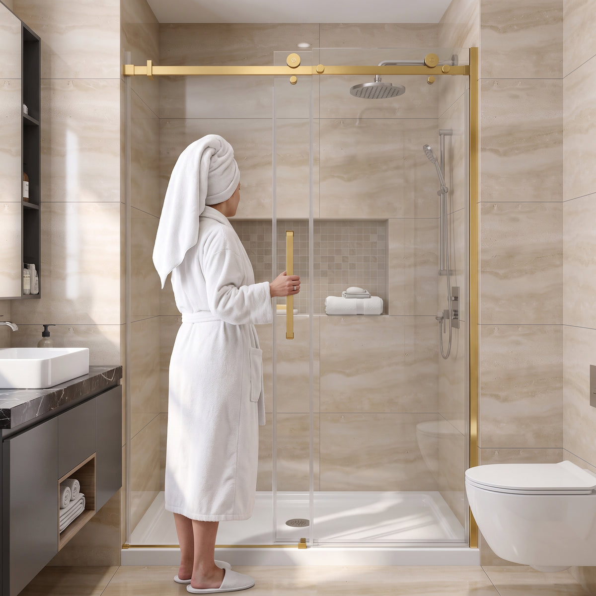Porte de douche coulissante réversible alcôve 48po x 75po en or brossé avec quincaillerie carrée