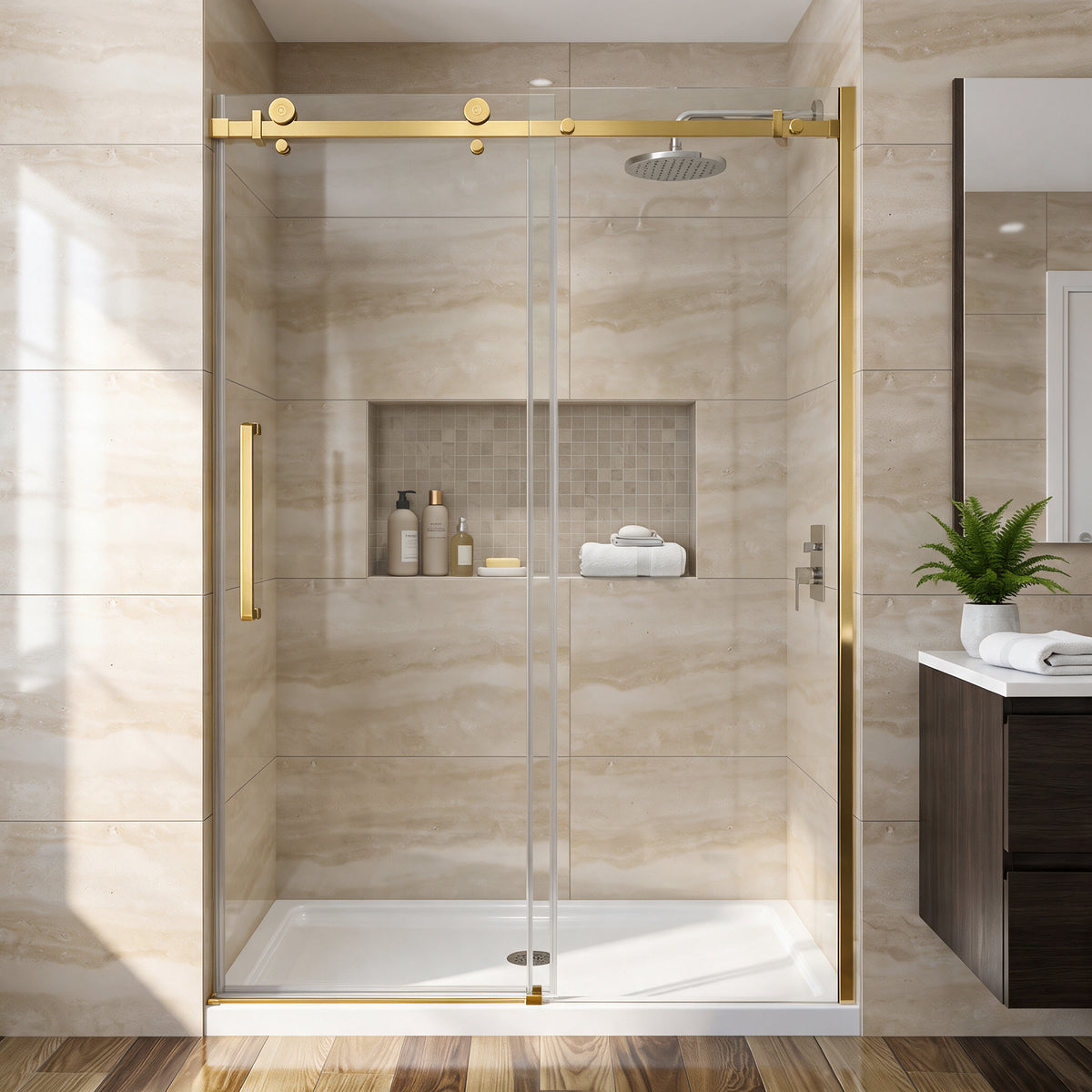 Porte de douche coulissante réversible alcôve 48po x 75po en or brossé avec quincaillerie carrée