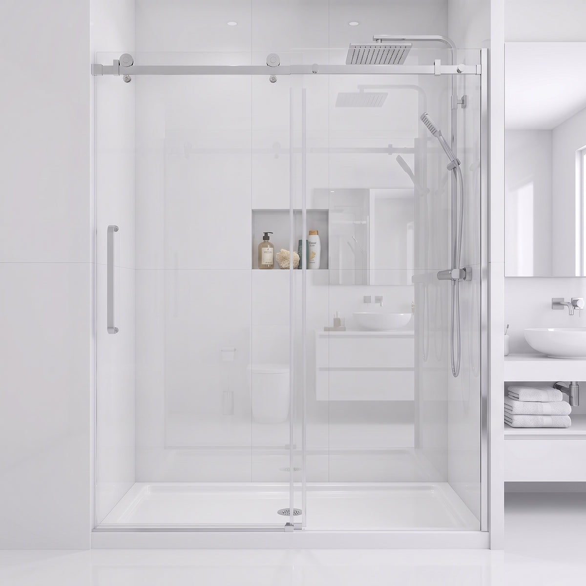 Porte de Douche Coulissante Réversible 60po x 75po – Quincaillerie Carrée Chromée et Verre Trempé 10mm