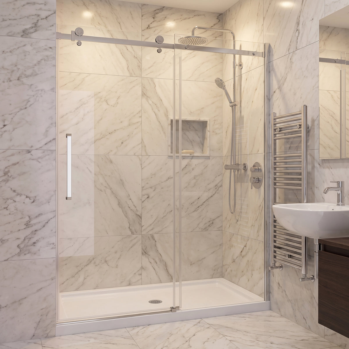 Porte de Douche Coulissante Réversible 60po x 75po – Quincaillerie Carrée Chromée et Verre Trempé 10mm