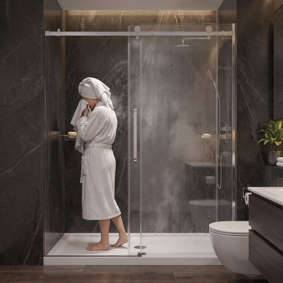 Porte de Douche Coulissante Réversible 60po x 75po – Quincaillerie Carrée Chromée et Verre Trempé 10mm