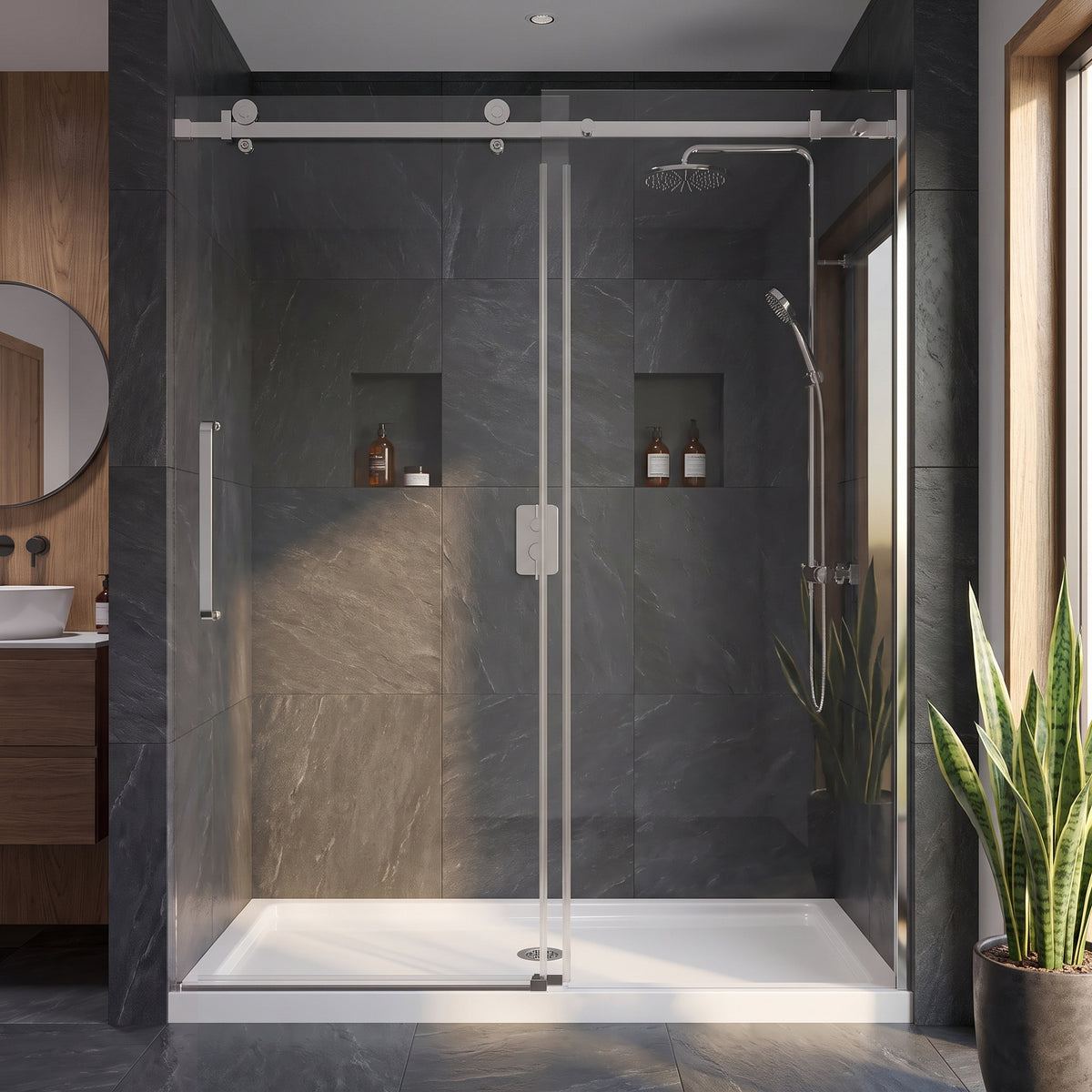 Porte de Douche Coulissante Réversible 60po x 75po – Quincaillerie Carrée Chromée et Verre Trempé 10mm