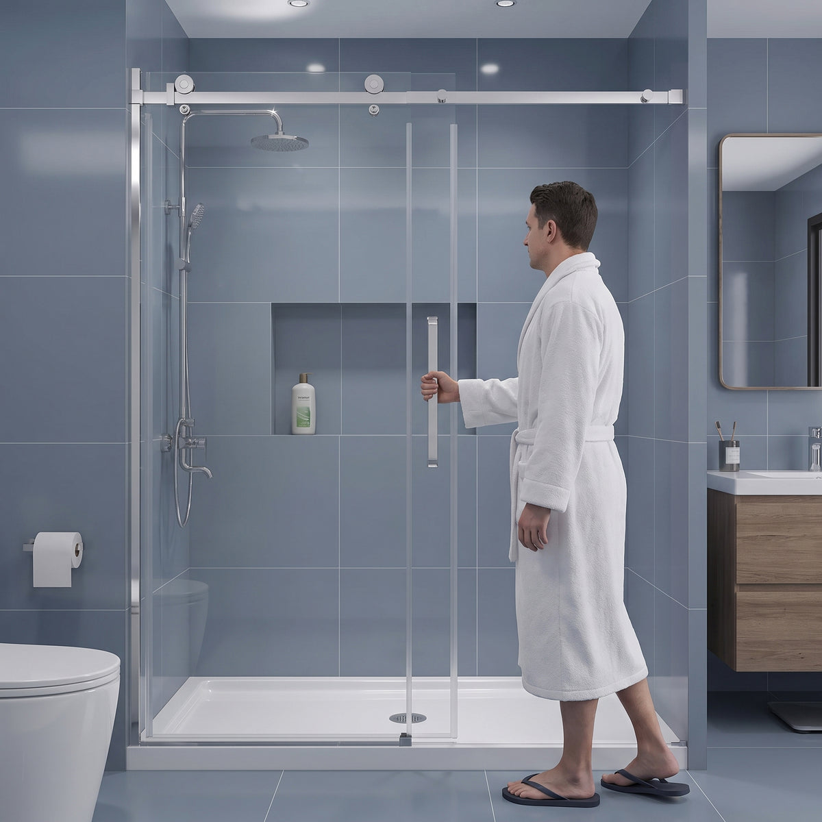 Porte de Douche Coulissante Réversible 60po x 75po – Quincaillerie Carrée Chromée et Verre Trempé 10mm