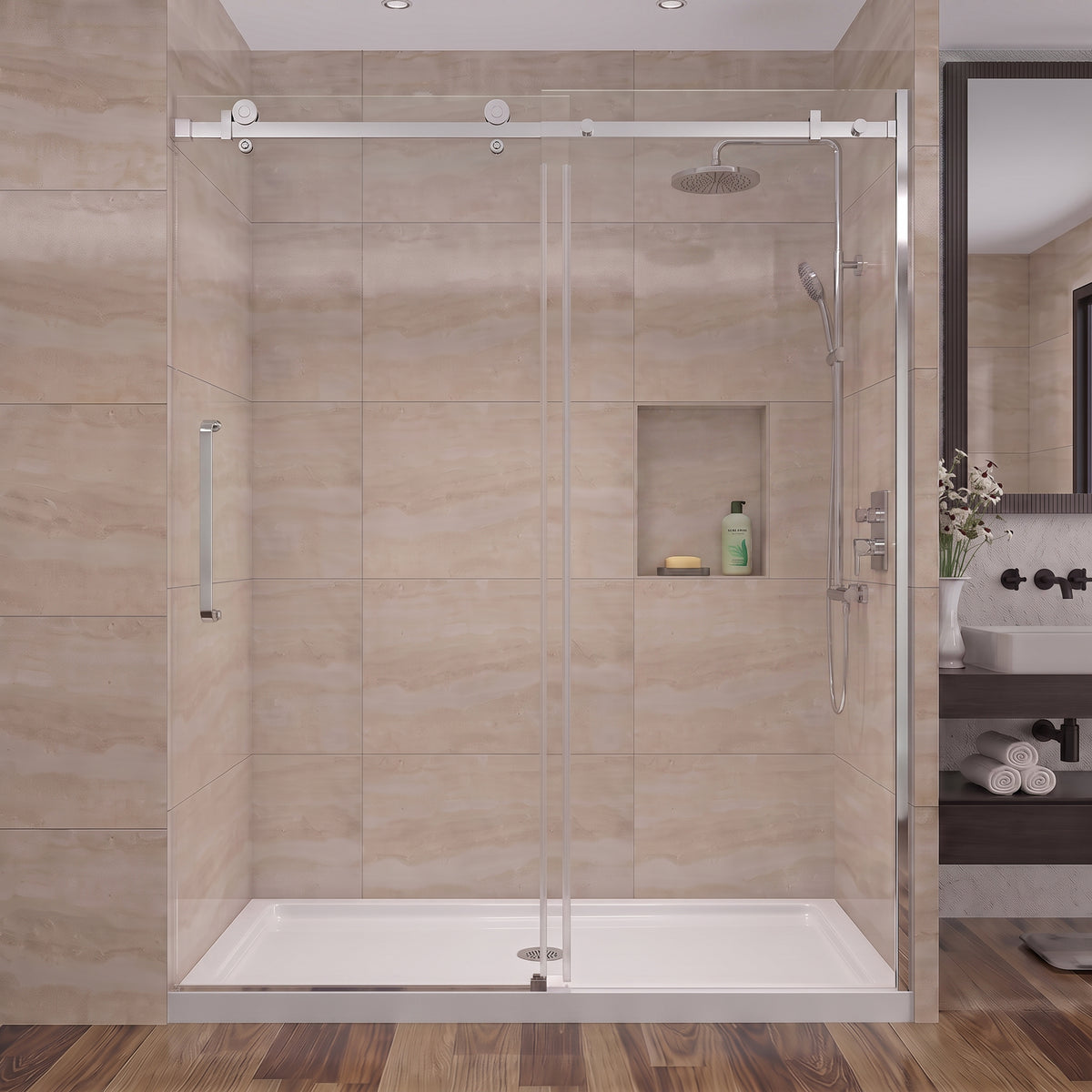 Porte de Douche Coulissante Réversible 60po x 75po – Quincaillerie Carrée Chromée et Verre Trempé 10mm