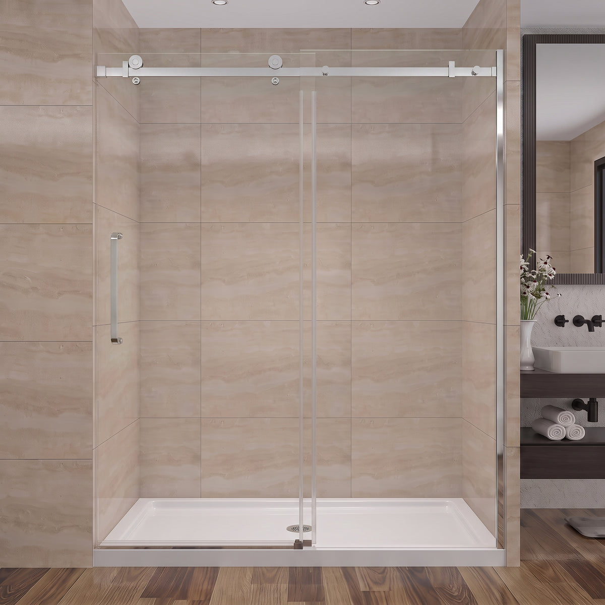 Porte de Douche Coulissante Réversible 60po x 75po – Quincaillerie Carrée Chromée et Verre Trempé 10mm