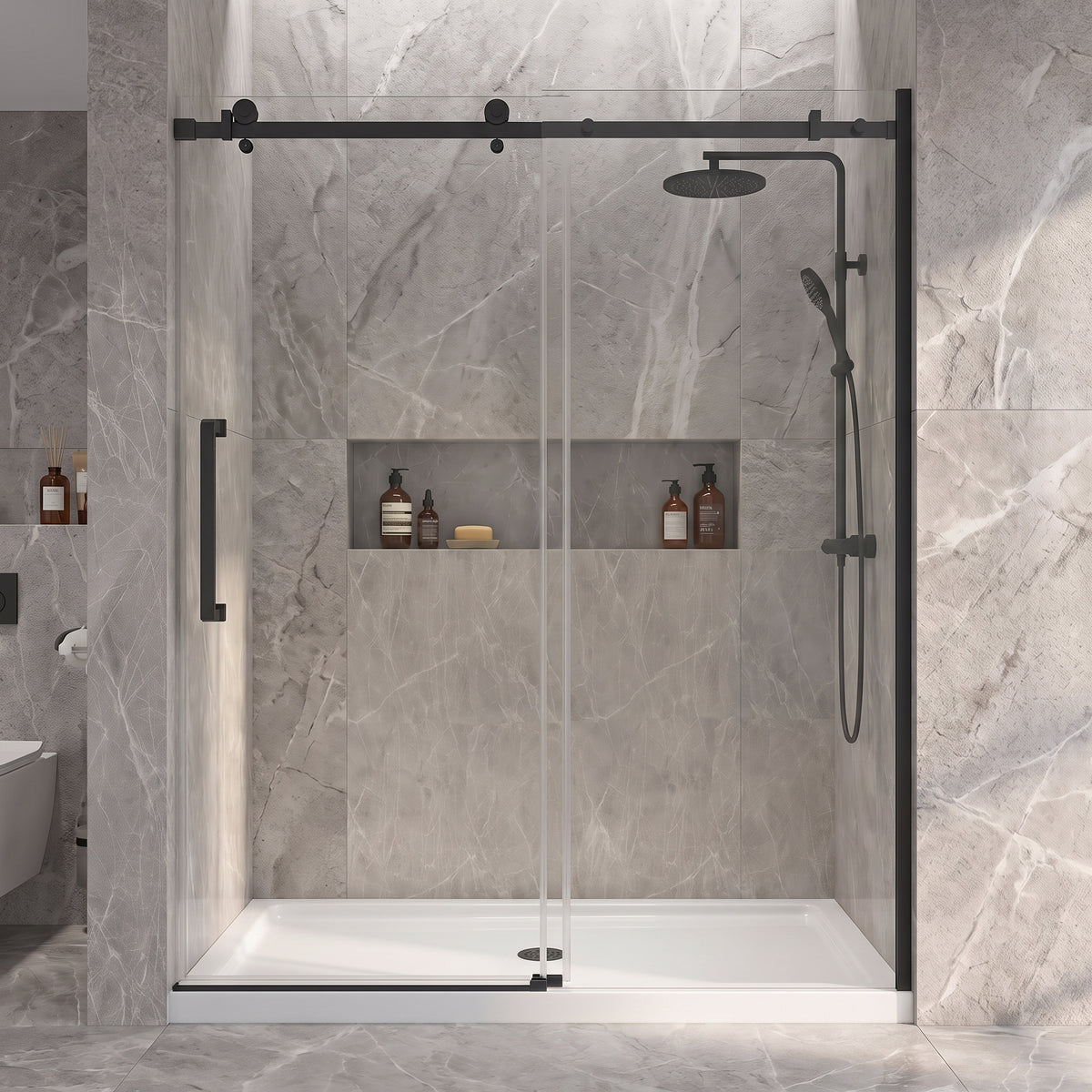 Porte de Douche Coulissante Réversible 60po x 75po avec Quincaillerie Carrée Noir Mat