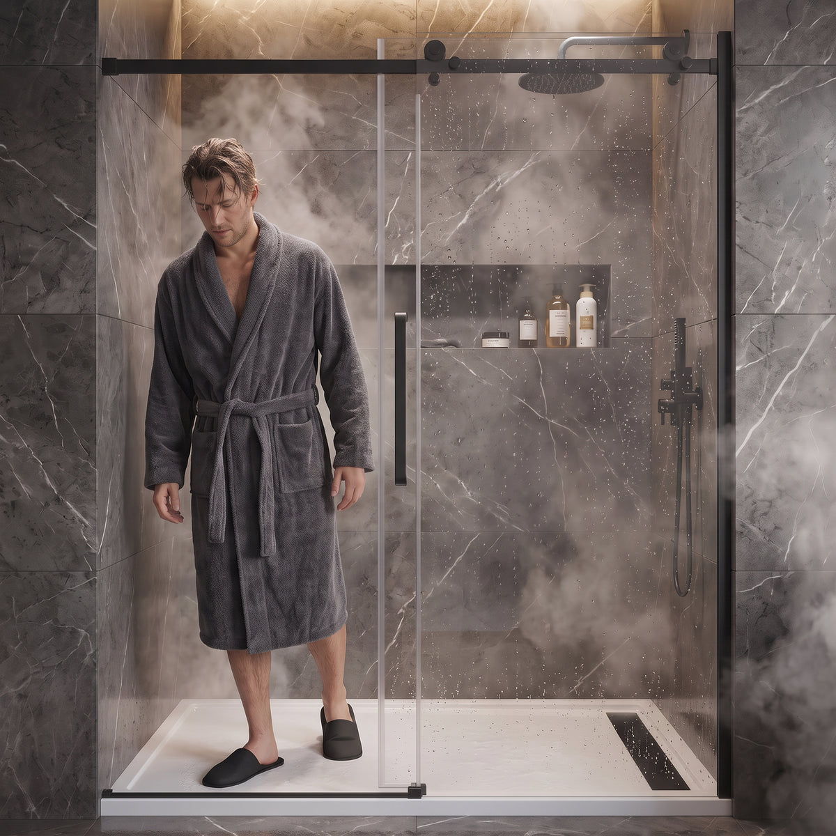 Porte de Douche Coulissante Réversible 60po x 75po avec Quincaillerie Carrée Noir Mat