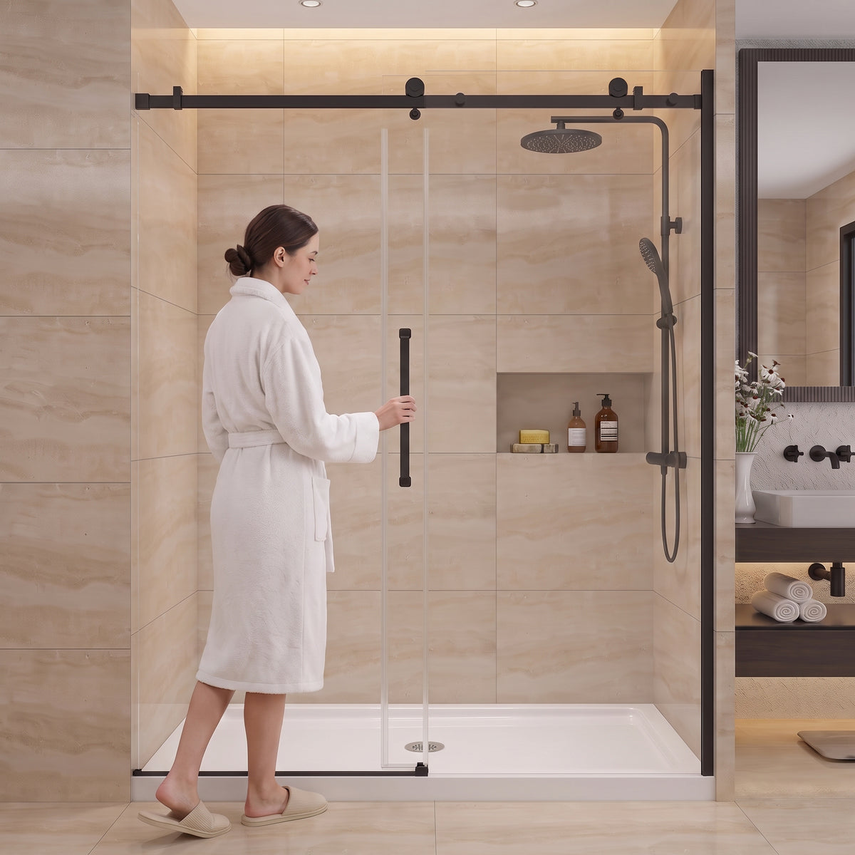 Porte de Douche Coulissante Réversible 60po x 75po avec Quincaillerie Carrée Noir Mat