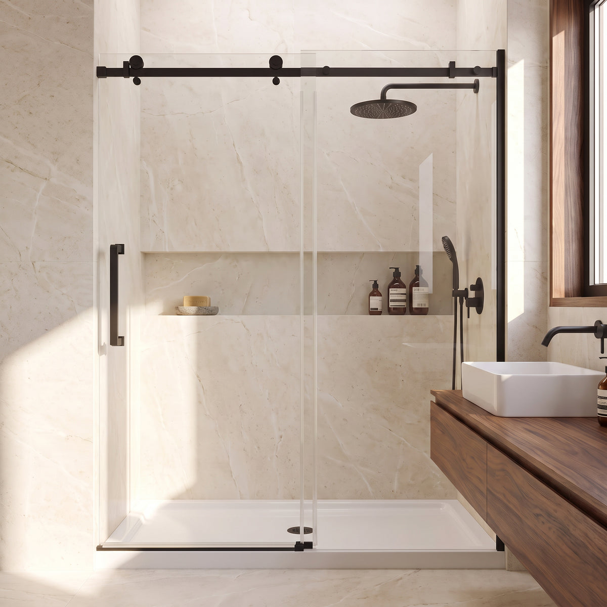Porte de Douche Coulissante Réversible 60po x 75po avec Quincaillerie Carrée Noir Mat