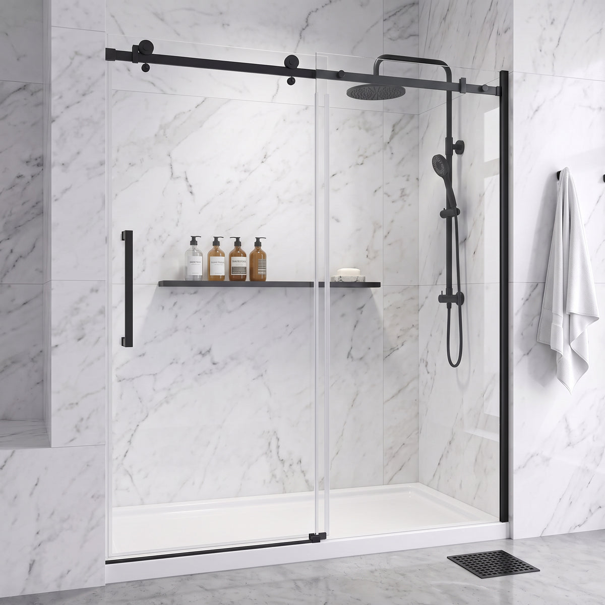 Porte de Douche Coulissante Réversible 60po x 75po avec Quincaillerie Carrée Noir Mat