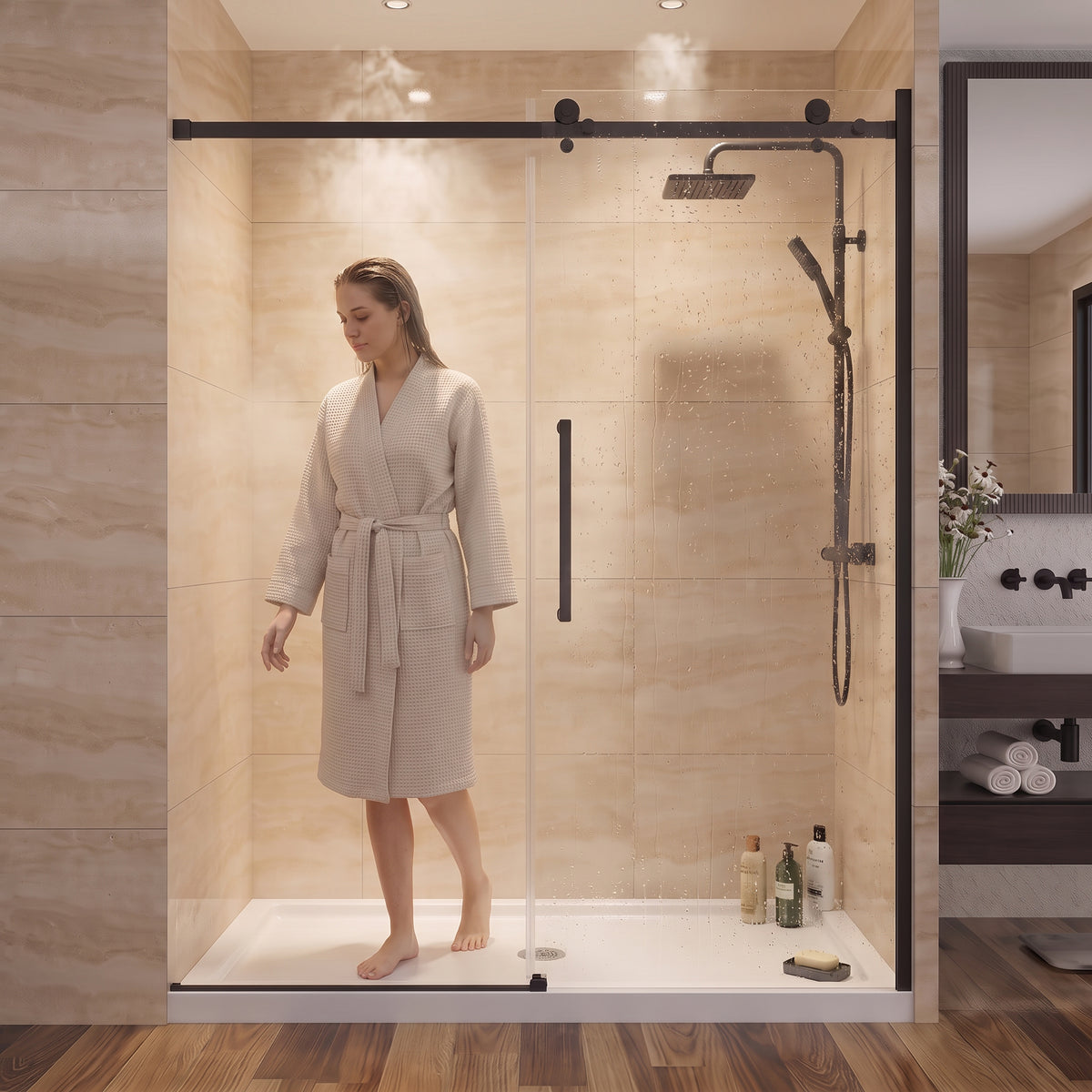 Porte de Douche Coulissante Réversible 60po x 75po avec Quincaillerie Carrée Noir Mat