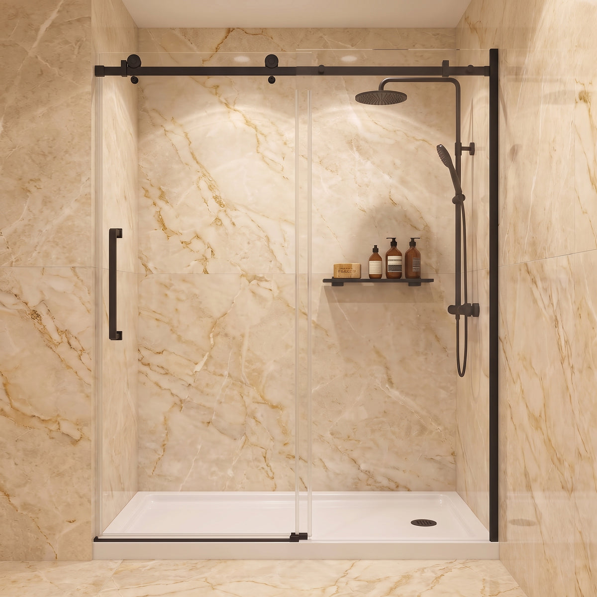 Porte de Douche Coulissante Réversible 60po x 75po avec Quincaillerie Carrée Noir Mat