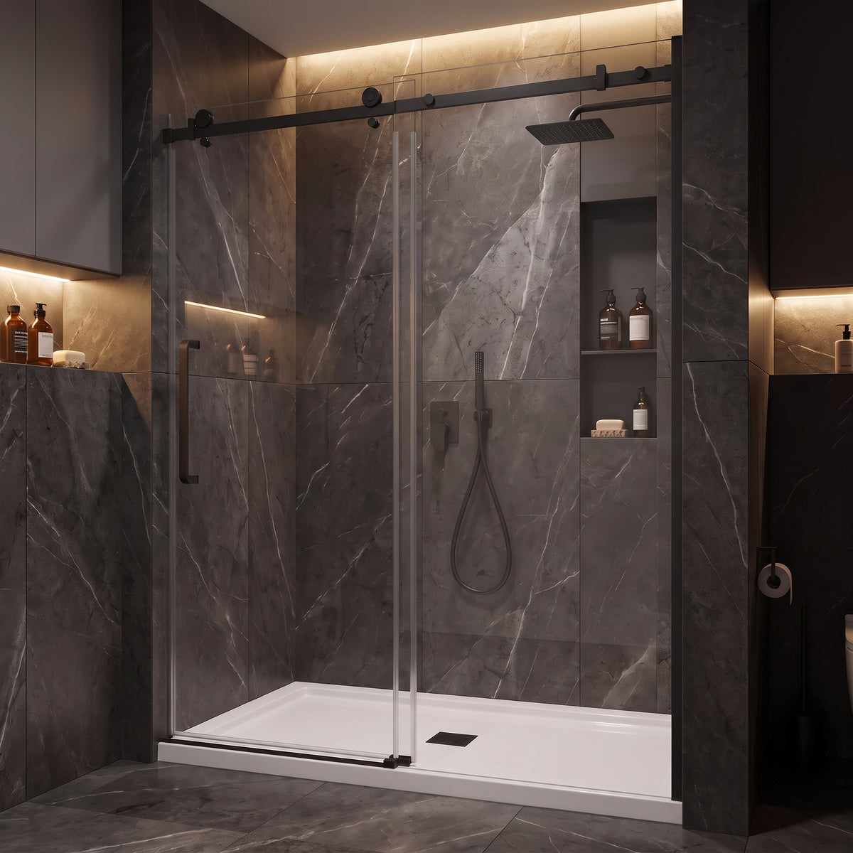 Porte de Douche Coulissante Réversible 60po x 75po avec Quincaillerie Carrée Noir Mat
