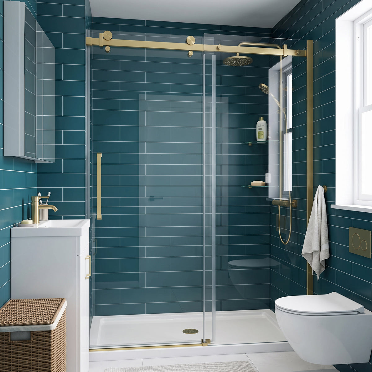 Porte de douche coulissante réversible 60po x 75po en or brossé avec quincaillerie carrée