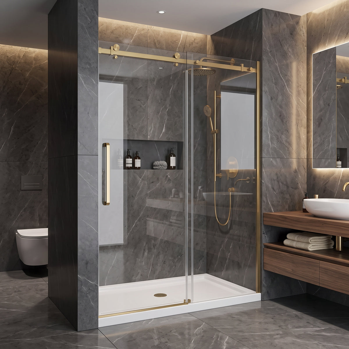 Porte de douche coulissante réversible 60po x 75po en or brossé avec quincaillerie carrée