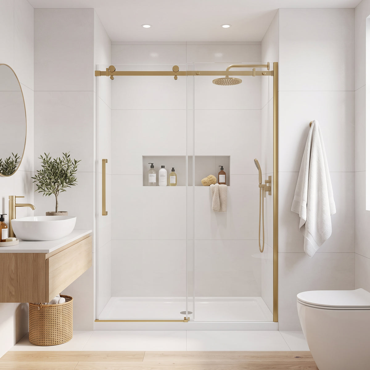 Porte de douche coulissante réversible 60po x 75po en or brossé avec quincaillerie carrée