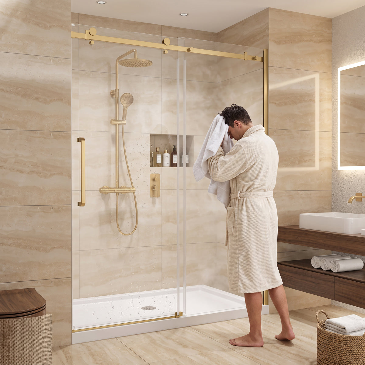 Porte de douche coulissante réversible 60po x 75po en or brossé avec quincaillerie carrée