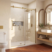 Porte de douche coulissante réversible 60po x 75po en or brossé avec quincaillerie carrée