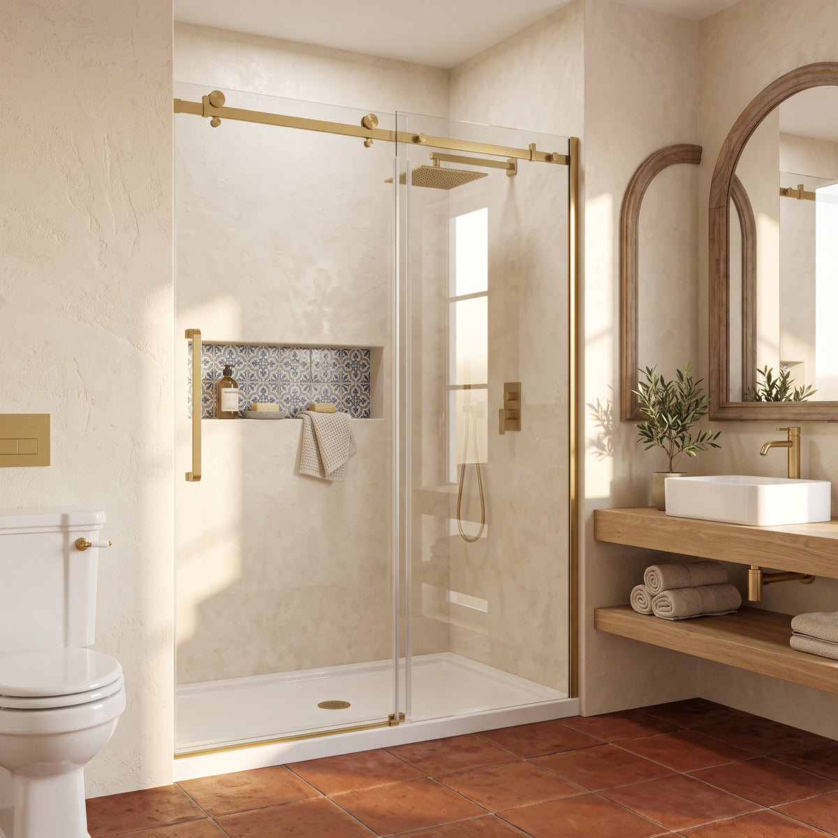 Porte de douche coulissante réversible 60po x 75po en or brossé avec quincaillerie carrée