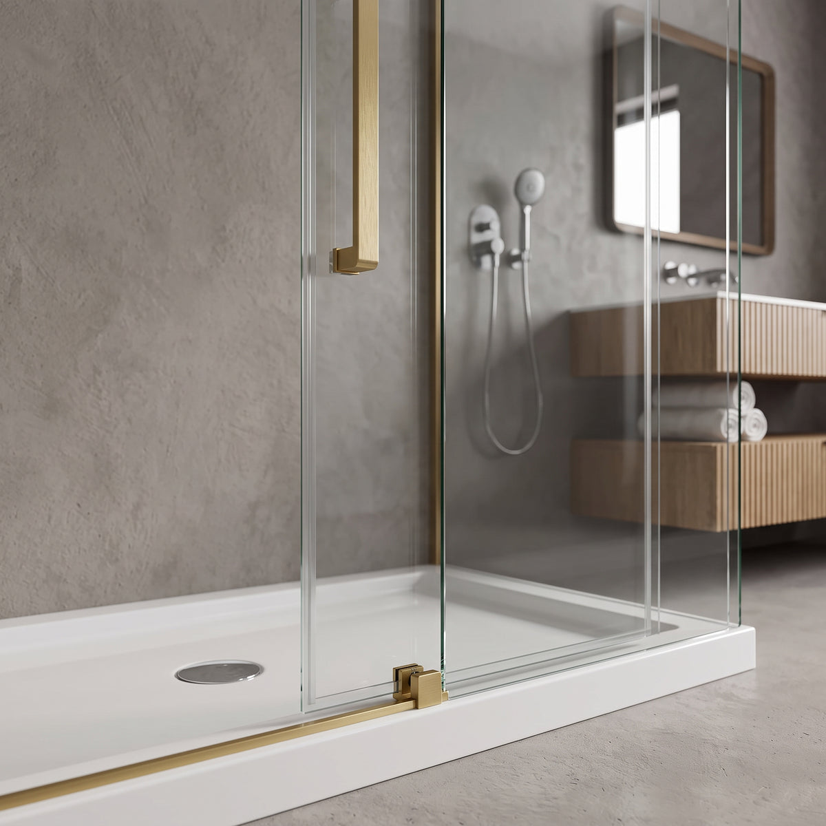 Porte de douche coulissante réversible 60po x 75po en or brossé avec quincaillerie carrée