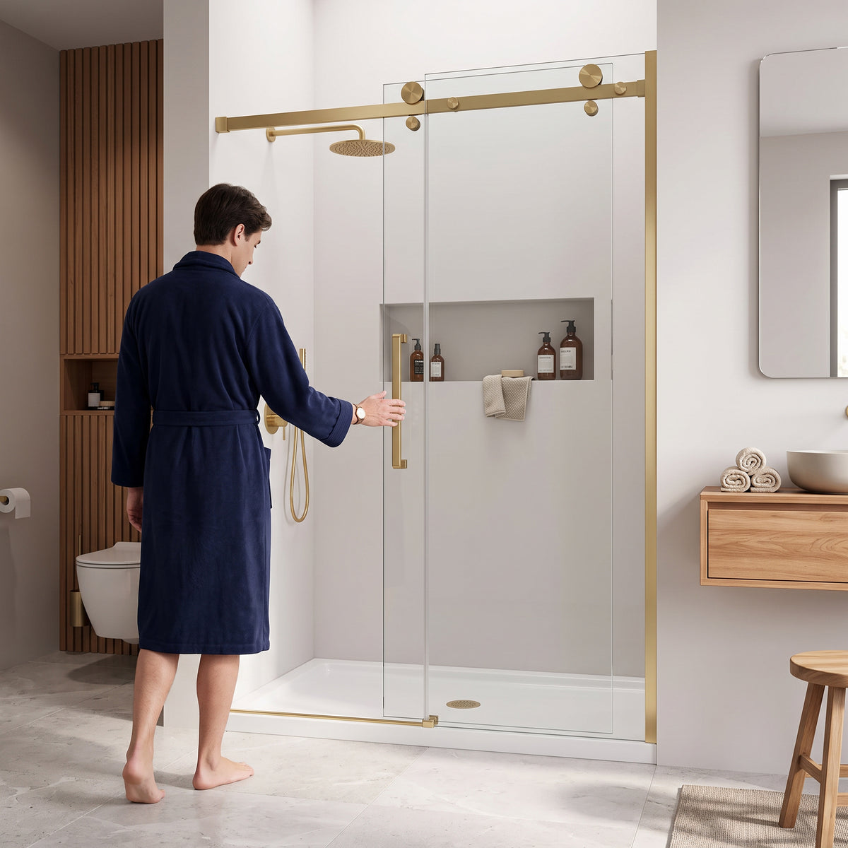 Porte de douche coulissante réversible 60po x 75po en or brossé avec quincaillerie carrée