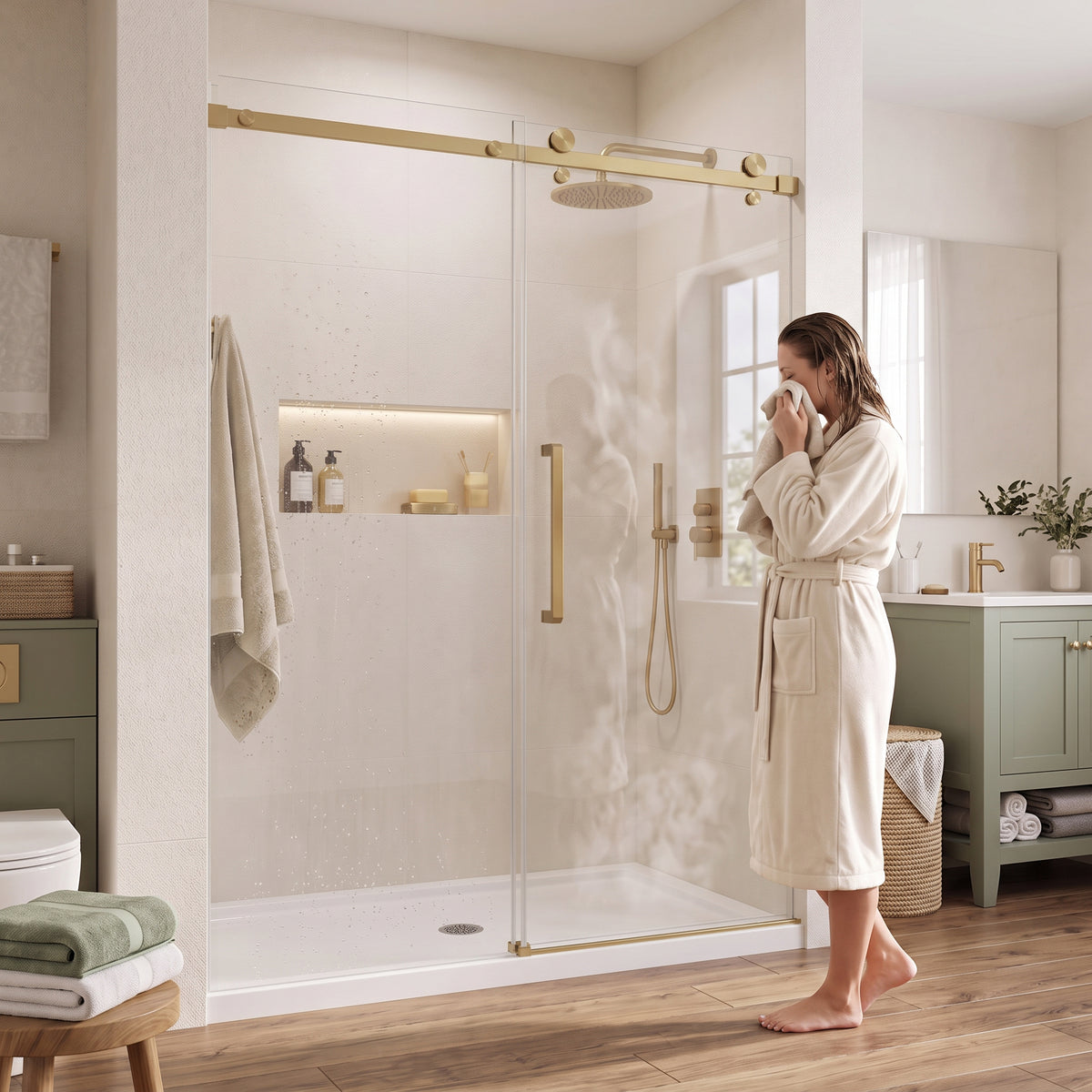 Porte de douche coulissante réversible 60po x 75po en or brossé avec quincaillerie carrée