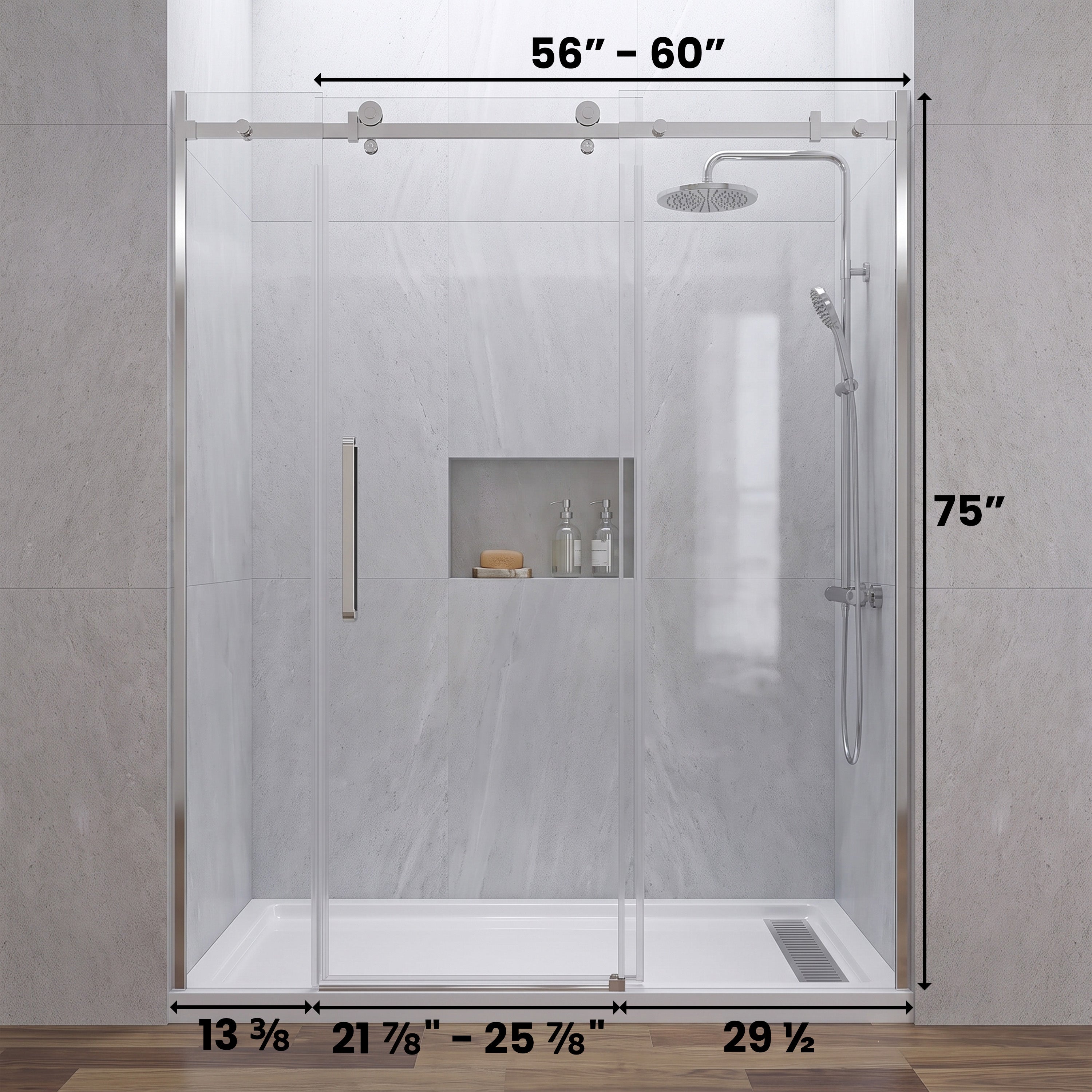 Porte de douche coulissante 72po x 75po avec quincaillerie carrée chromée - Configuration alcôve 3 murs