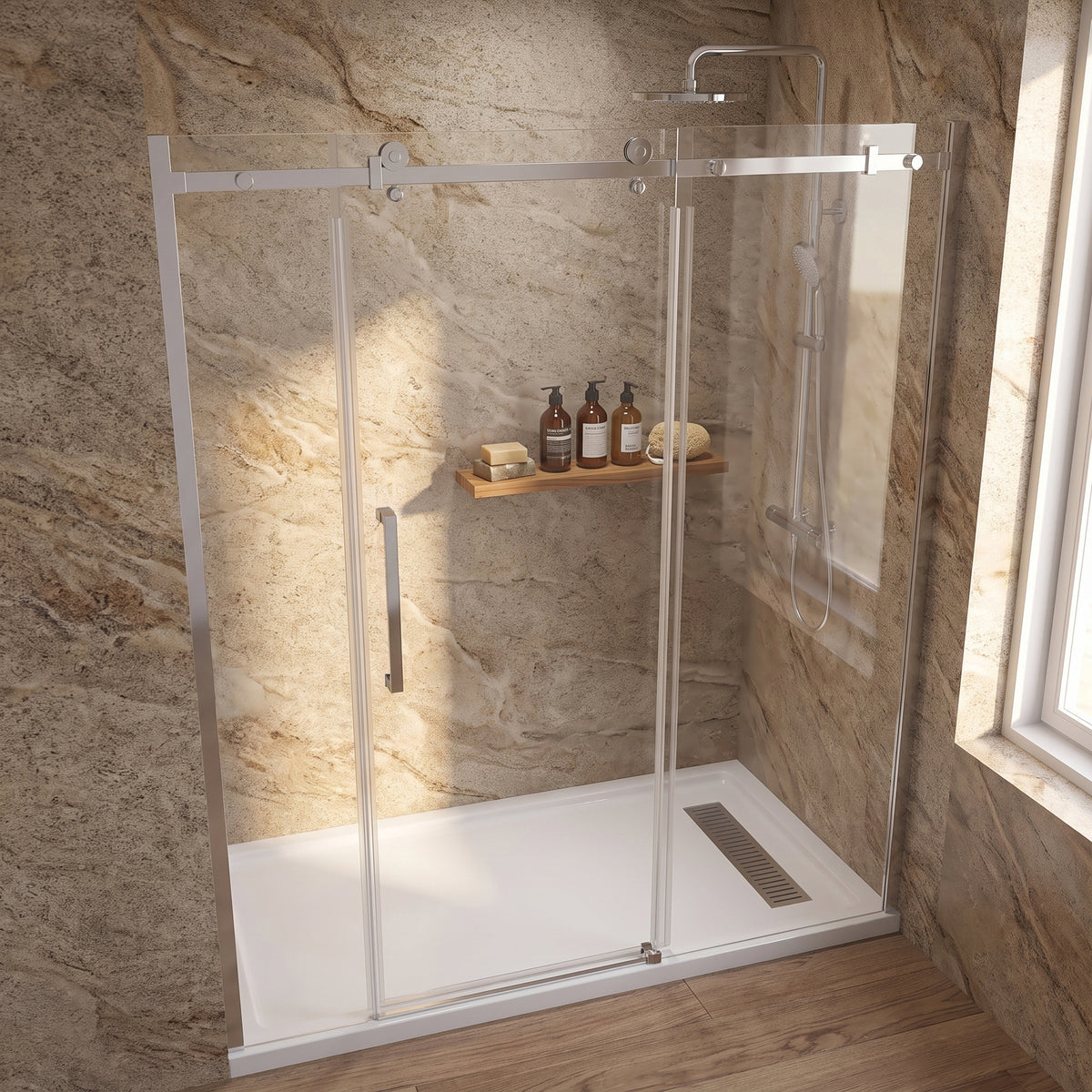 Porte de douche coulissante 72po x 75po avec quincaillerie carrée chromée - Configuration alcôve 3 murs