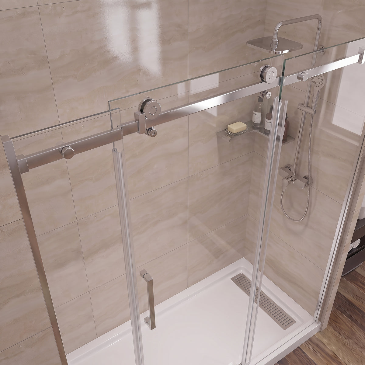 Porte de douche coulissante 72po x 75po avec quincaillerie carrée chromée - Configuration alcôve 3 murs